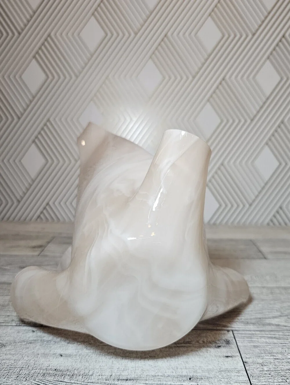 Handkerchief  Vase Candle Holder Abstract Pink And White Swirl Glass